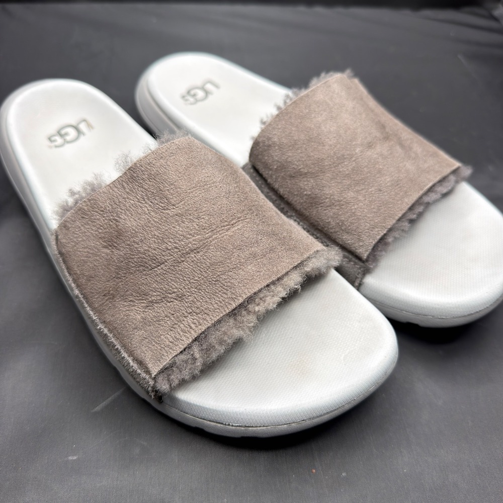 UGG Womens Slide Sandals Grey Suede Sheepskin Lined Treadlite Sole Casual Shoes